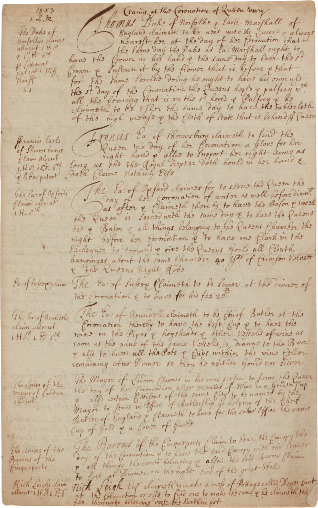 View full screen - View 1 of Lot 8. Queen Mary I—Coronation | Manuscript account of claims to hereditary rights to offices and duties.