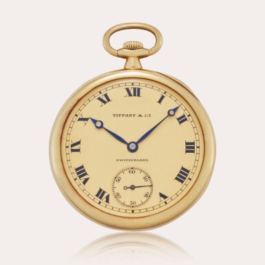 View full screen - View 1 of Lot 413. Retailed by Tiffany & Co.: A yellow gold open-faced keyless watch, Mvt. 173570, Case 173570, Made in 1912 and Sold in 1913.