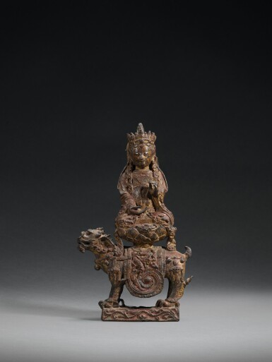 View full screen - View 1 of Lot 72. An inscribed and dated lacquer-gilt bronze figure of Manjushri, Ming dynasty, fourth year of the Longqing period, corresponding to 1570 AD | 明隆慶四年(1570年) 漆金銅文殊觀音菩薩.