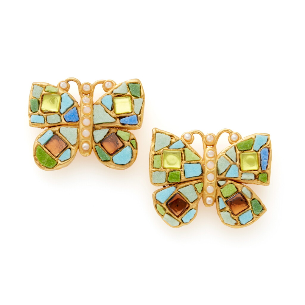 View full screen - View 1 of Lot 166. Multicolor Mosaic and Gripoix Glass, Imitation Pearl and Gold Metal Butterfly Earrings, 1971-1980.