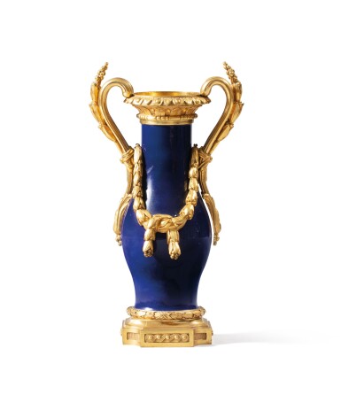 View full screen - View 1 of Lot 97. A Louis XV gilt-bronze-mounted porcelain vase, the porcelain Sèvres, the mounts Louis XV, circa 1770 | Vase en porcelaine de Sèvres bleu nouveau, vers 1765-1770, à monture de bronze doré d'époque Louis XV, vers 1770.
