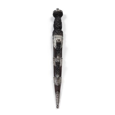 View full screen - View 1 of Lot 1152. A silver and wood dagger, probably James Rettie & Son of Aberdeen, Edinburgh, 1890 | Dague de chasse en bois sculpté monté par argent, probablement James Rettie & Son of Aberdeen, Edimbourg, 1890.