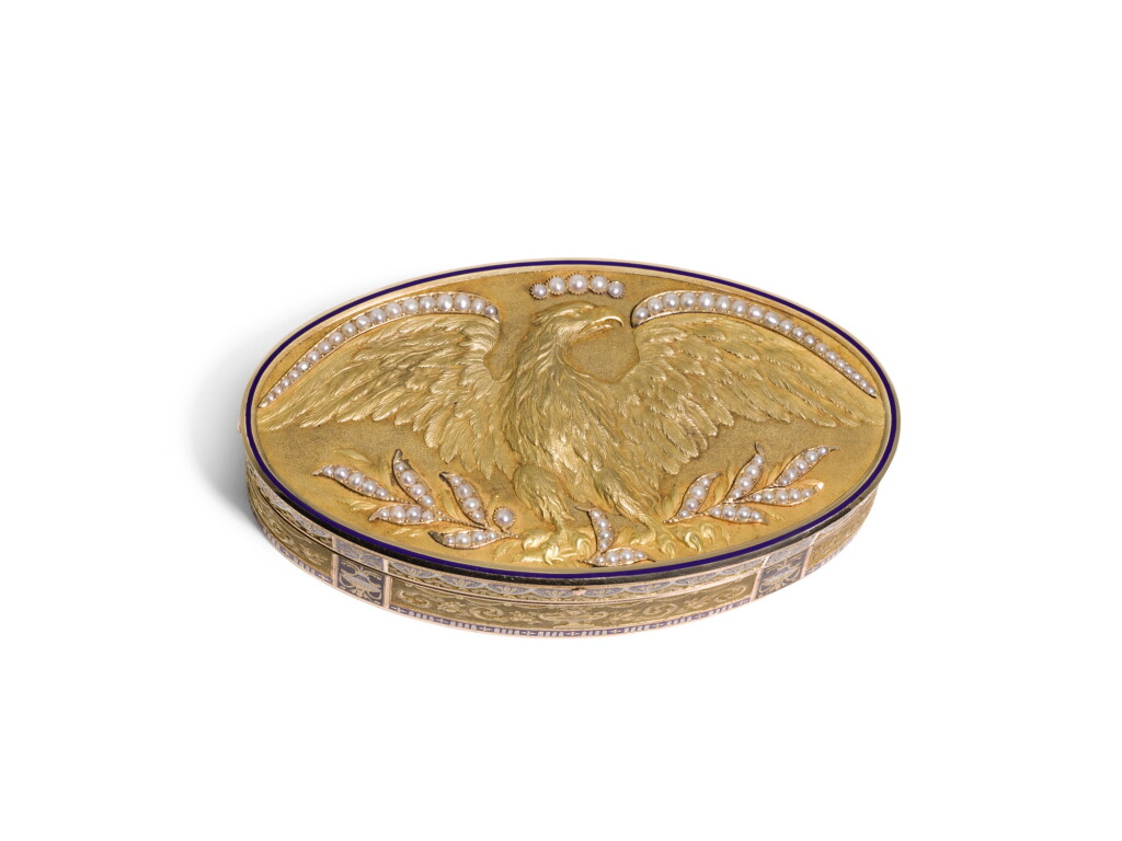 View full screen - View 1 of Lot 150. A GOLD, ENAMEL AND PEARL SNUFF BOX, RÉMOND, LAMY, MERCIER & CO., GENEVA, CIRCA 1814.