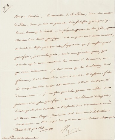 View full screen - View 1 of Lot 112. Napoleon I | Letter signed, insisting on his peace-loving nature, to the Chancellor of the Empire, 1813.