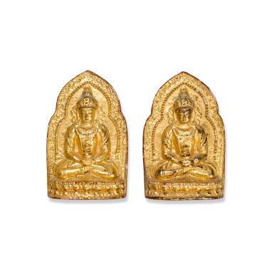 View full screen - View 1 of Lot 93. Two gilt-lacquered terracotta votive plaques, Tsa Tsa, Marks and period of Qianlong, dated Xinsi year, corresponding to 1761 | 清乾隆辛巳年(1761年) 朱漆泥金陶擦擦一組兩件.