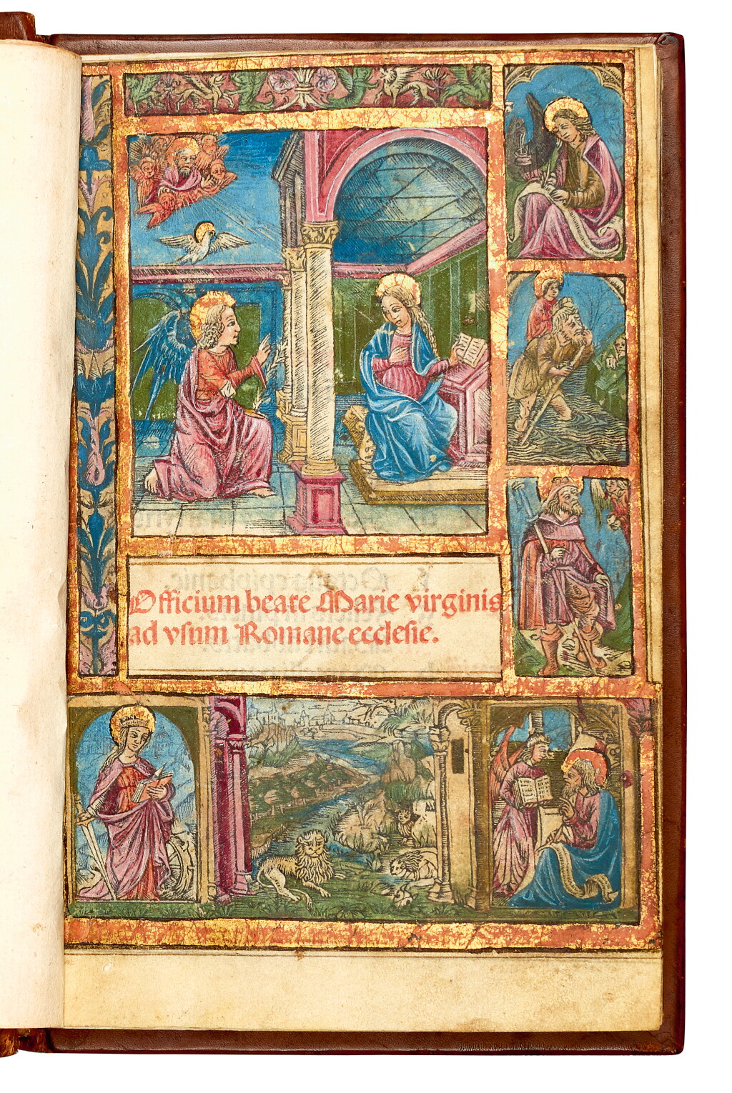 View full screen - View 1 of Lot 92. Book of hours, Lyon, 1499, a substantial fragment printed on vellum, coloured, later calf.