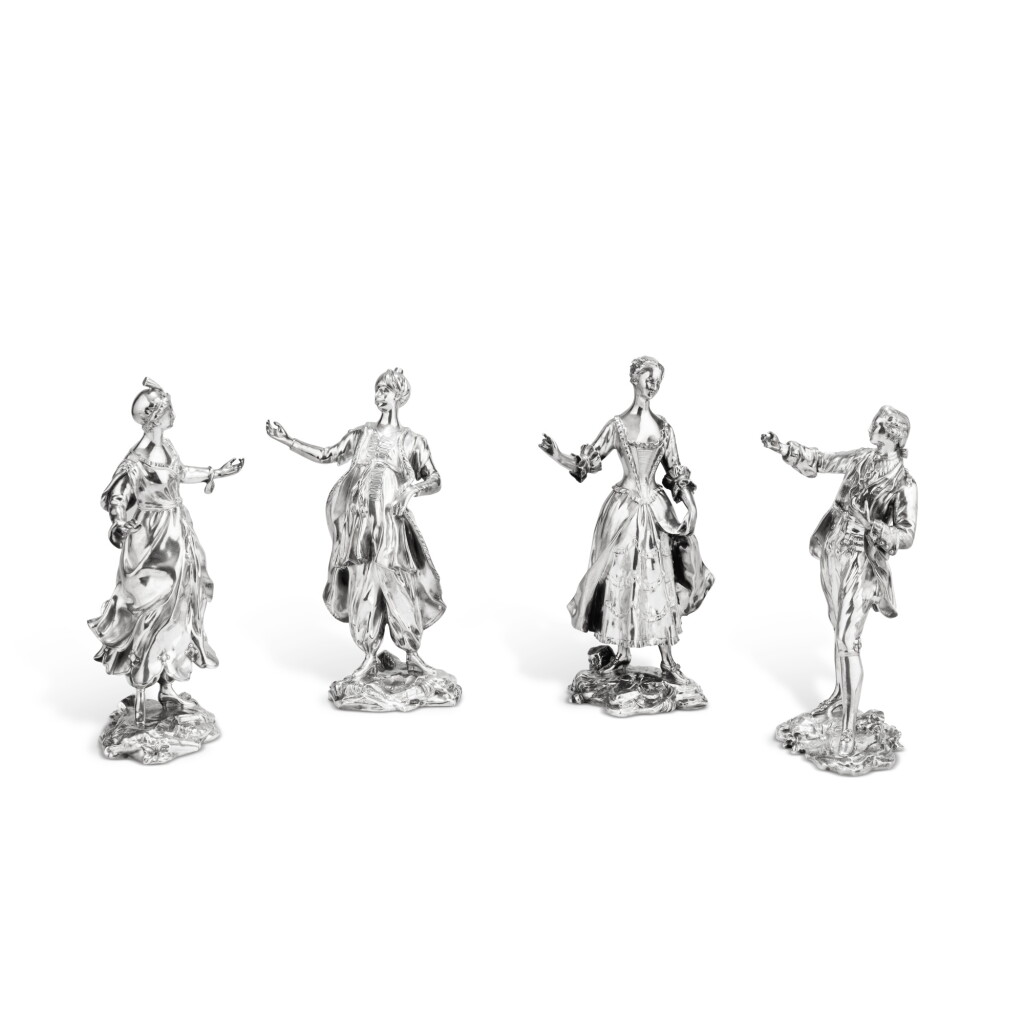 View full screen - View 1 of Lot 169. A set of four silver dancers after Cousinet, Aucoc, Paris, circa 1880 | Ensemble de quatre danseurs en argent d'après Cousinet, par Aucoc, Paris, vers 1880.