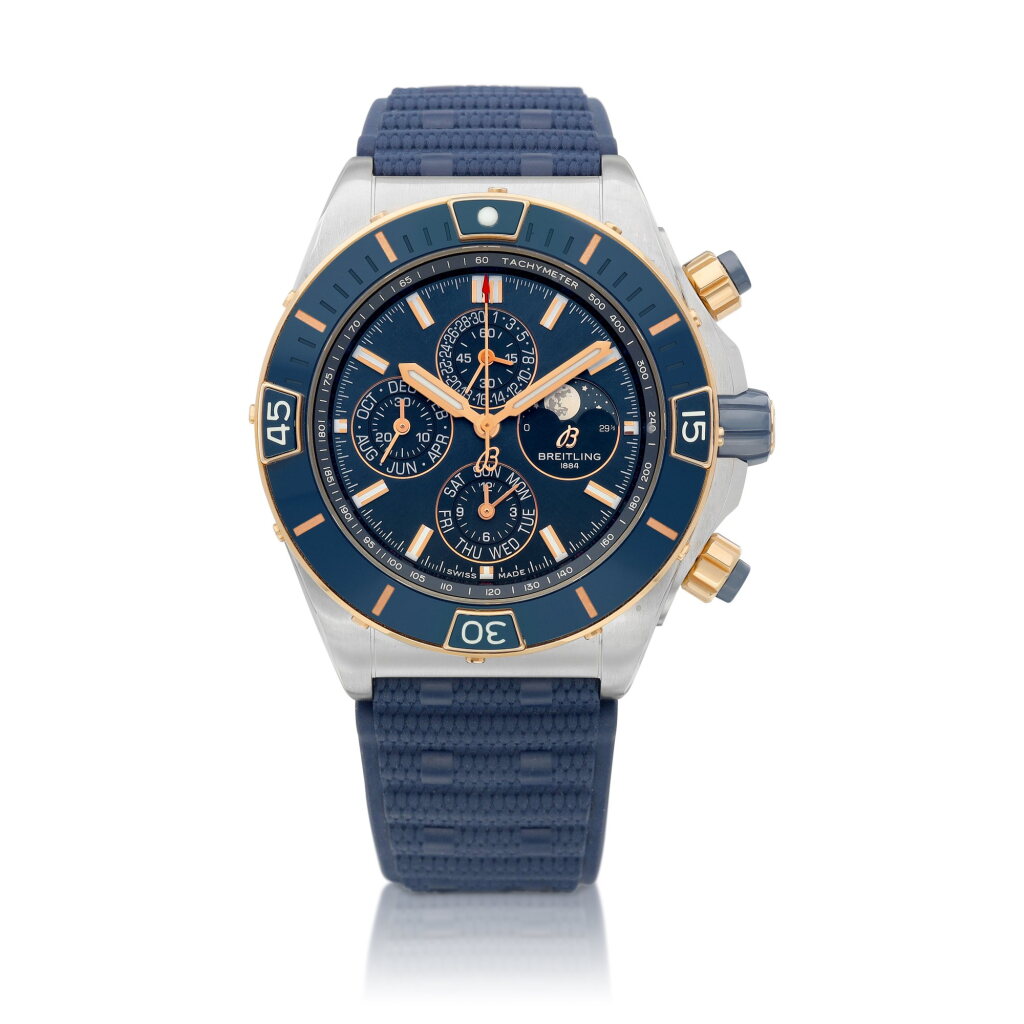 View full screen - View 1 of Lot 8662. Super Chronomat 44 Four-Year Calendar, Reference U19320 | A pink gold and stainless steel annual calendar chronograph wristwatch with day, date and moon phases, Circa 2021 | 百年靈 | Super Chronomat 44 Four-Year Calendar 型號U19320 | 粉紅金及精鋼年曆計時腕錶,備日期、星期及月相顯示,約2021年製.