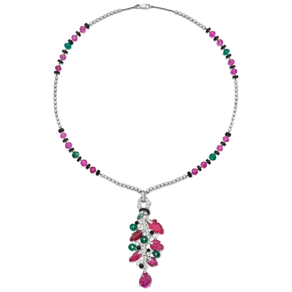View full screen - View 1 of Lot 180. Ruby, Emerald, Onyx and Diamond Pendant-Necklace, the 'Tutti Frutti' Pendant by Cartier.