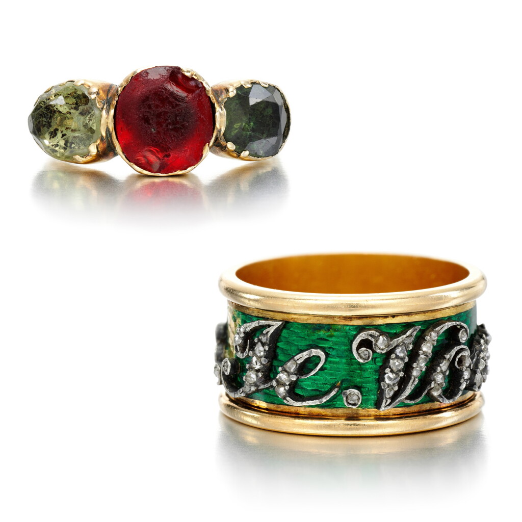 View full screen - View 1 of Lot 128. Enamel and diamond ring, and a paste ring, late 19th to early 20th century.