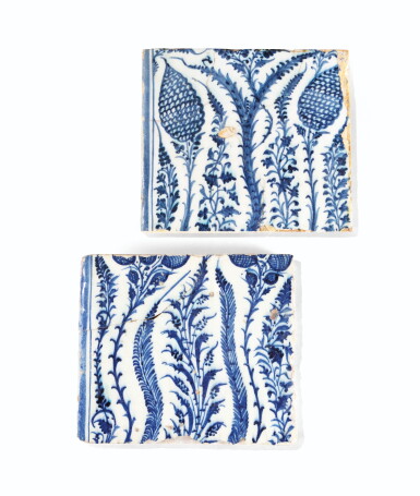 View full screen - View 1 of Lot 131. Two Mamluk Egypt or Syria Blue and White Pottery Tiles, 15th Century.