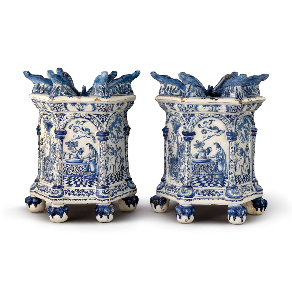 View full screen - View 1 of Lot 544. A RARE PAIR OF DUTCH DELFT BLUE AND WHITE TULIPIERE PEDESTALS, LATE 17TH CENTURY.