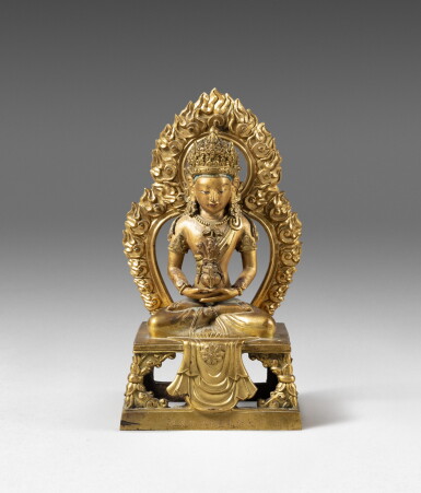 View full screen - View 1 of Lot 127. A gilt-bronze figure of Amitayus Qing dynasty, Qianlong period, dated of the xinsi year, in accordance with 1761 | 清乾隆 鎏金銅無量壽佛坐像 《大清乾隆辛巳年敬造》款.