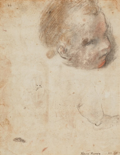 View full screen - View 1 of Lot 714. Recto: Studies of an Infant's Head Turned to the Right, with Subsidiary Figure Studies Verso: Two Studies of Psyche Crouching' After the Antique.
