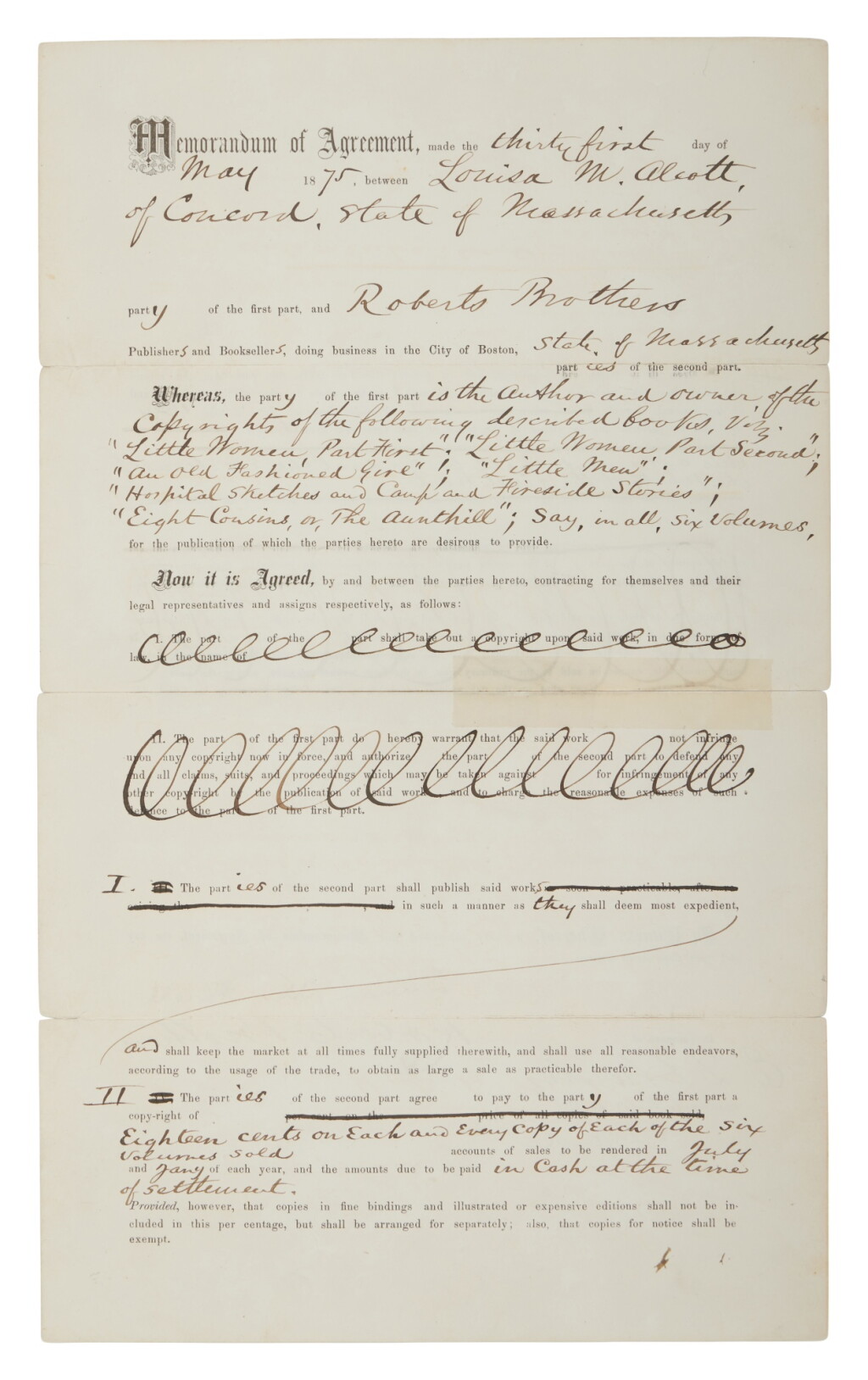 View full screen - View 1 of Lot 1094. Alcott, Louisa May | Copyright contract with Roberts Brothers concerning Little Women and other titles.