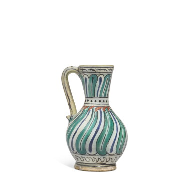 View full screen - View 1 of Lot 137. A striped Iznik polychrome pottery jug, Turkey, circa 1590.