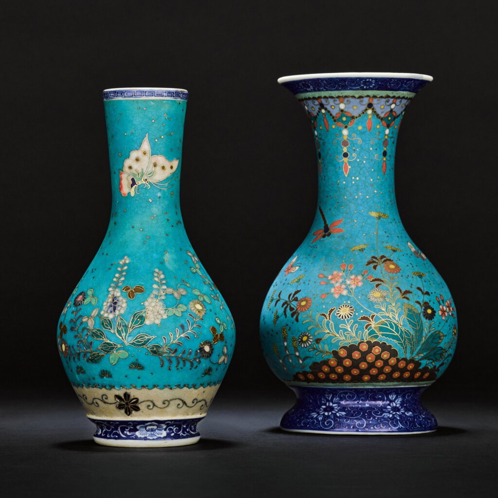 View full screen - View 1 of Lot 127. Two cloisonne enamel on porcelain vases | One signed Dai Nippon sei zo Shippo Gaisha kojin Takeuchi Chubei (Made by Takeuchi Chubei for the Shippo Gaisha Company, Great Japan) | Meiji period, late 19th century.