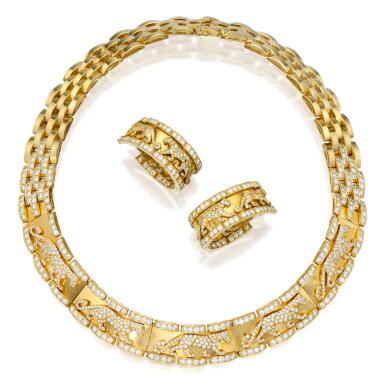 View full screen - View 1 of Lot 96. Cartier | Gold and Diamond 'Panthère' Necklace and Pair of Earclips, France.