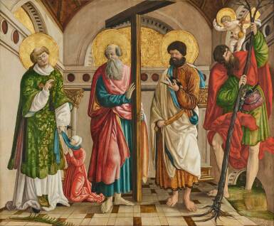 View full screen - View 1 of Lot 106. Saints Stephen, Andrew, Paul and Christopher, within an architectural setting.