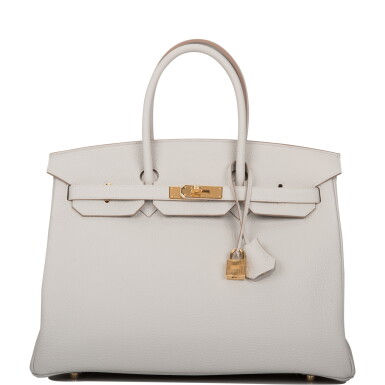 View full screen - View 1 of Lot 64. HERMÈS | GRIS PERLE BIRKIN 35CM OF CLEMENCE LEATHER WITH GOLD HARDWARE.