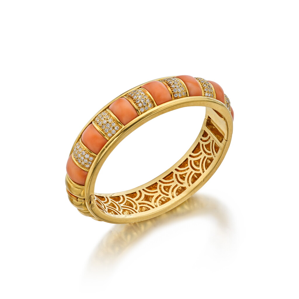 View full screen - View 1 of Lot 311. Gold, Coral and Diamond Bangle-Bracelet, France.
