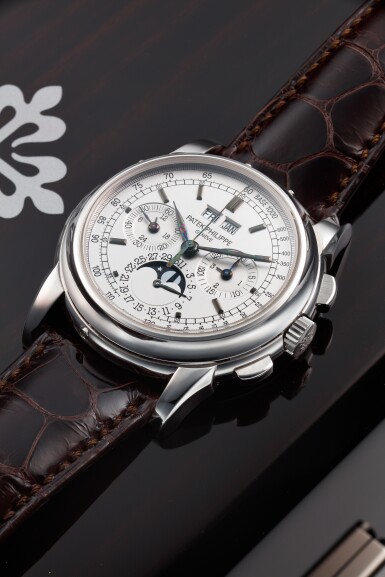 View full screen - View 1 of Lot 175. REFERENCE 5970G-001 A WHITE GOLD PERPETUAL CALENDAR CHRONOGRAPH WRISTWATCH WITH MOON PHASES, 24 HOURS AND LEAP YEAR INDICATION, CIRCA 2005.