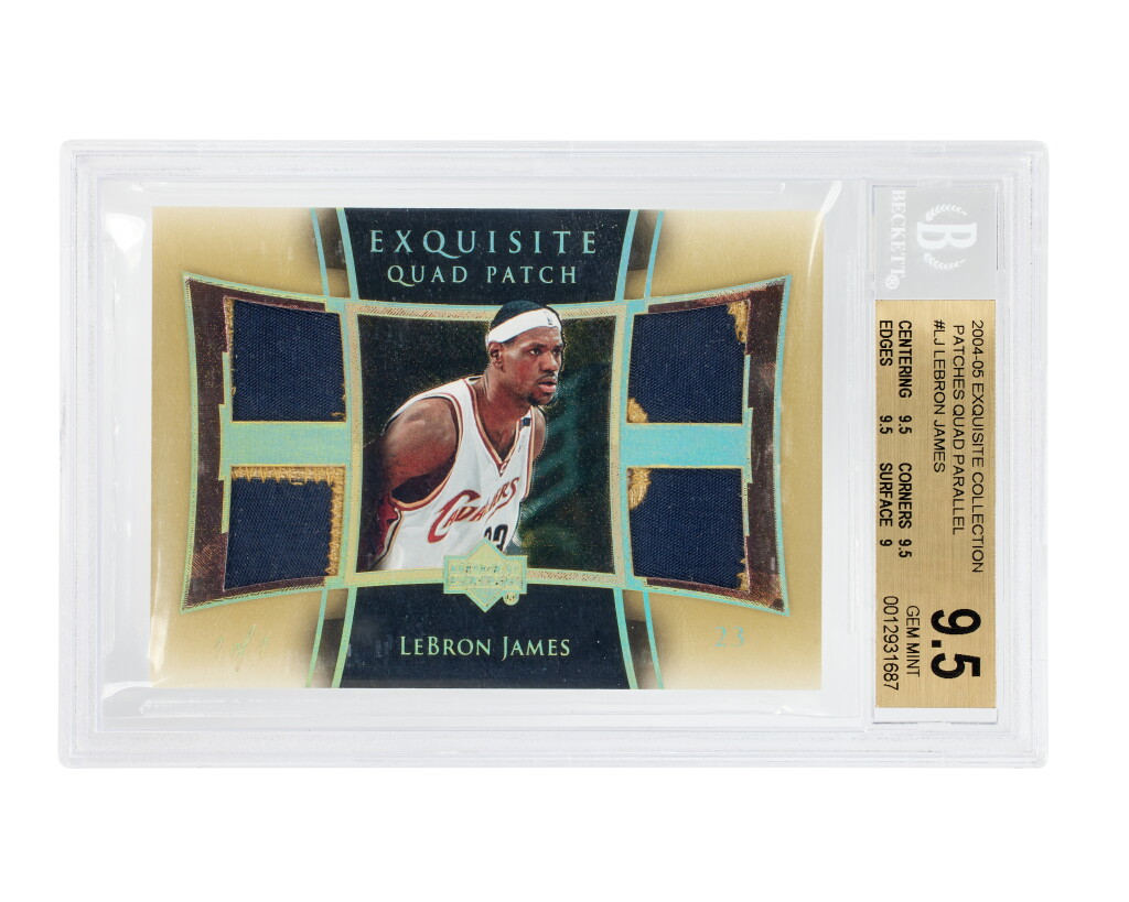 View full screen - View 1 of Lot 11. LeBron James Cleveland Cavaliers 2004-05 Upper Deck Exquisite Collection Patches Quad Parallel #E4P-LJ BGS 9.5 | 1-of-1 | Game-Used Patches.