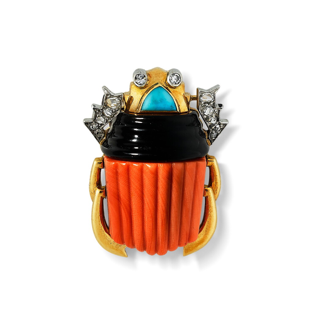 View full screen - View 1 of Lot 8. Coral, onyx and turquoise brooch | Broche corail, onyx et turquoise.