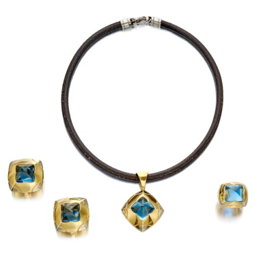 View full screen - View 1 of Lot 116. Two-Color Gold and Blue Topaz 'Piramide' Pendant-Necklace, Ring and Pair of Earclips.