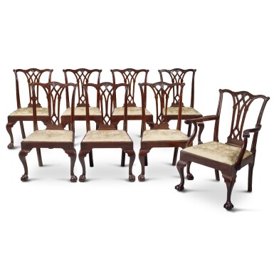 View full screen - View 1 of Lot 1007. Very Rare Set of Eight Chippendale Carved Mahogany Dining Chairs, Philadelphia, Pennsylvania, Circa 1780.