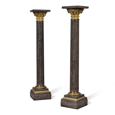 View full screen - View 1 of Lot 1644. A Pair of Continental Gilt-Metal-Mounted Variegated Grey and White Marble Fluted Corinthian Columns, Late 19th Century.