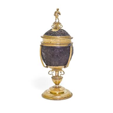 View full screen - View 1 of Lot 5. A German gilt-copper mounted coconut cup and cover, possibly Nuremberg circa 1550.