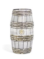 A Parcel-gilt silver barrel-shaped double beaker, unmarked, probably German, circa 1700