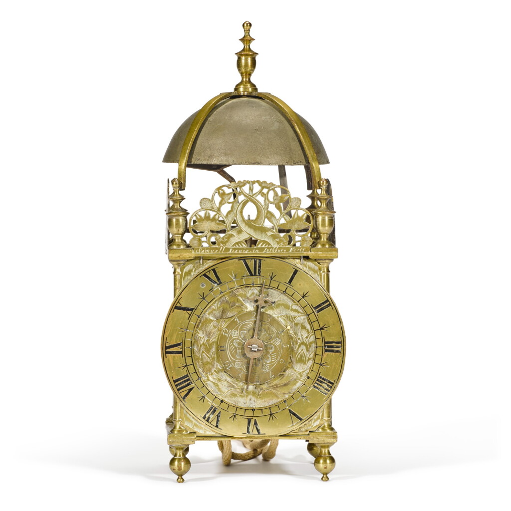 View full screen - View 1 of Lot 2. A brass lantern clock with alarm, Samuel Davis, London, circa 1650.