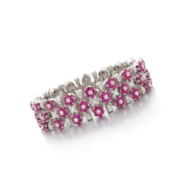 View full screen - View 1 of Lot 56. Cazzaniga, Pink sapphire and diamond bracelet (Bracciale in zaffiri rosa e diamanti, Cazzaniga).
