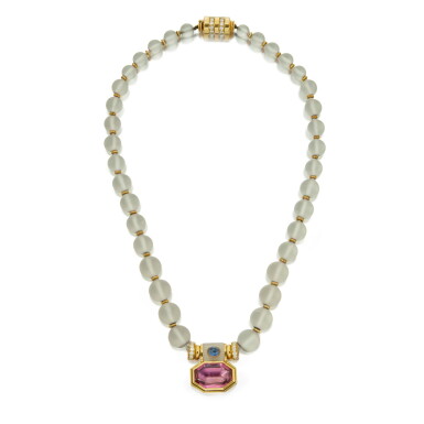 View full screen - View 1 of Lot 417. Rock Crystal, Tourmaline, Sapphire and Diamond Necklace.