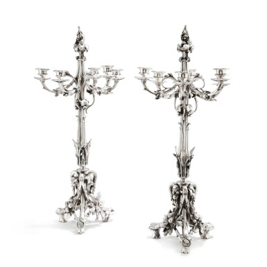 View full screen - View 1 of Lot 411. A pair of large 6-light silver-plated bronze candelabra, Christofle, Paris, 1862-1866 | Paire de grands chandeliers à 6 lumières en bronze argenté par Christofle, Paris, 1862 -1866.