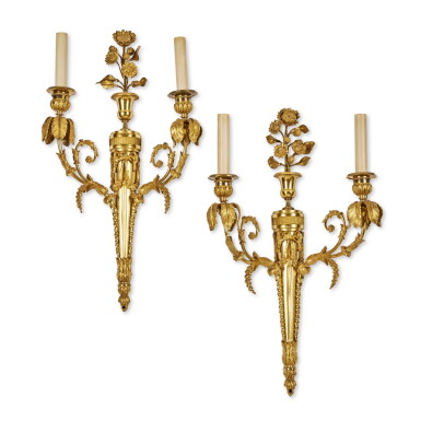 View full screen - View 1 of Lot 75. A Pair of Louis XVI Gilt-Bronze Two-Branch Wall Lights, Circa 1780 .