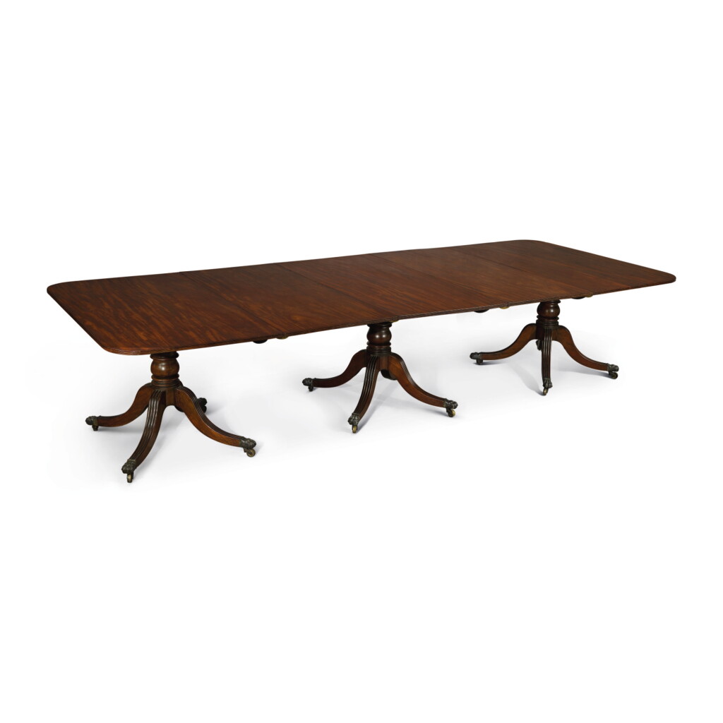View full screen - View 1 of Lot 224. A REGENCY THREE-PEDESTAL MAHOGANY DINING TABLE WITH D-SHAPED ENDS, CIRCA 1815.