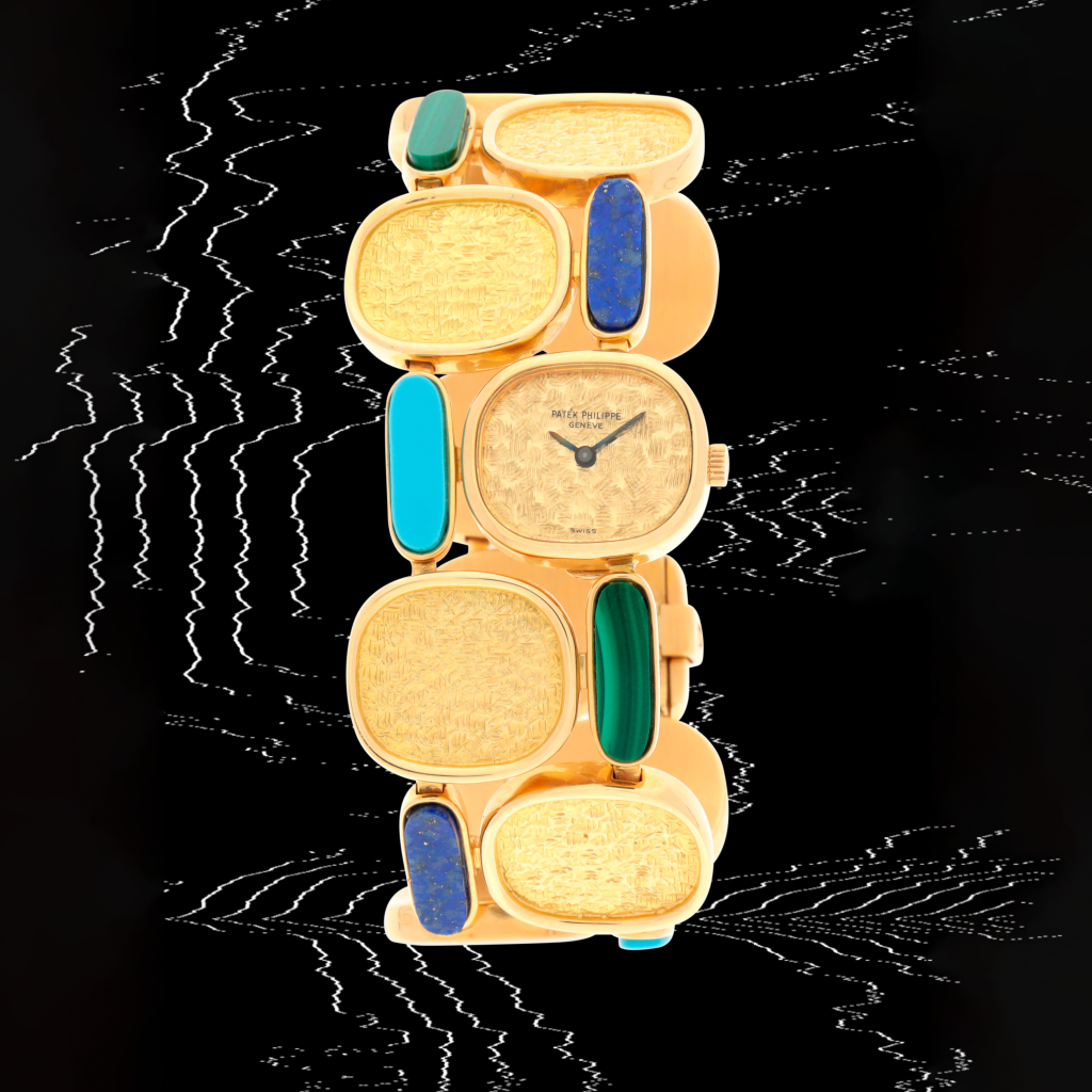 View full screen - View 1 of Lot 32. Reference 4233/1 | A yellow gold, lapis lazuli, malachite and turquoise bracelet watch | Made in 1975.