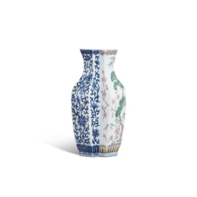 View full screen - View 1 of Lot 9319. A blue and white and famille-rose double vase, Qing dynasty, 19th century | 清十九世紀 青花纏枝花卉紋粉彩歲寒三友圖方勝二連瓶.