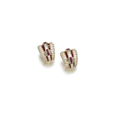View full screen - View 1 of Lot 68. PAIR OF RUBY AND DIAMOND EARRINGS, TIFFANY & CO..