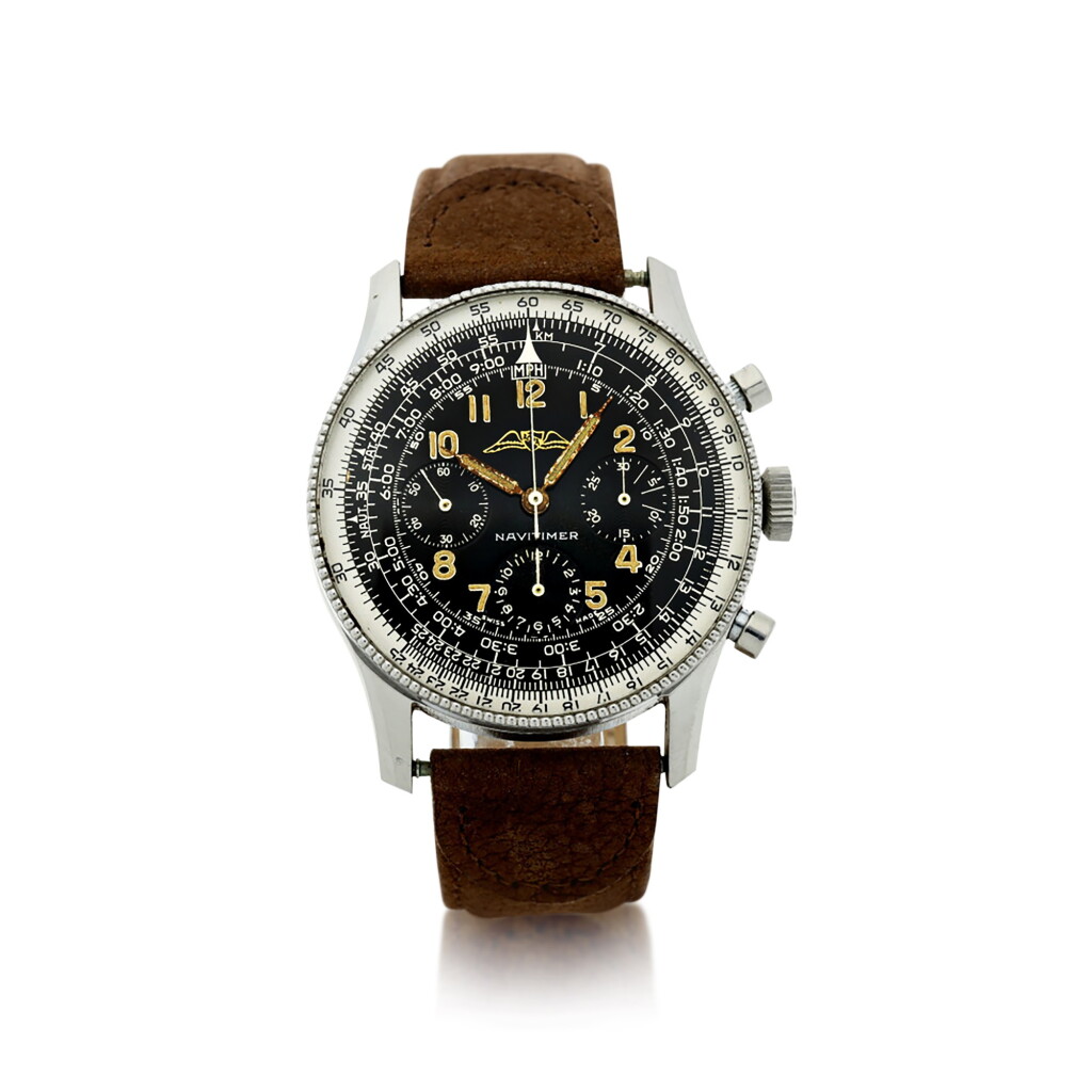 View full screen - View 1 of Lot 81. NO REFERENCE AOPA NAVITIMER A RARE AND EARLY STAINLESS STEEL CHRONOGRAPH WRISTWATCH, MADE IN 1955.