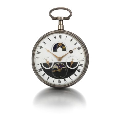 View full screen - View 1 of Lot 278. POUDRA A PARIS | A SILVER OPEN-FACED CALENDAR WATCH WITH 24-HOUR DIAL, MOON-PHASES, SUNRISE AND SUNSET, CIRCA 1790 NO. 1809.