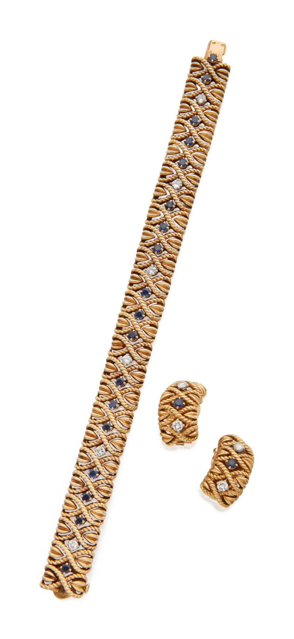 View full screen - View 1 of Lot 48. PAIR OF GOLD, SAPPHIRE AND DIAMOND EARCLIPS AND BRACELET, VAN CLEEF & ARPELS, FRANCE.