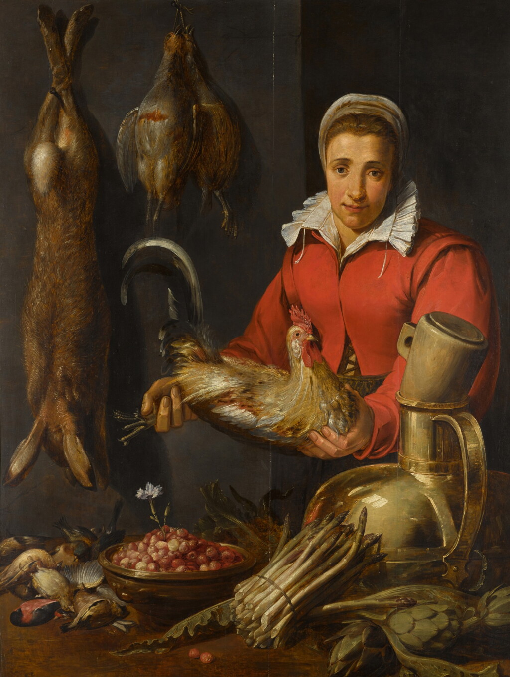 View full screen - View 1 of Lot 346. A female merchant holding a cockerel, with game, asparagus, artichokes, utensils and a bowl of wild strawberries.