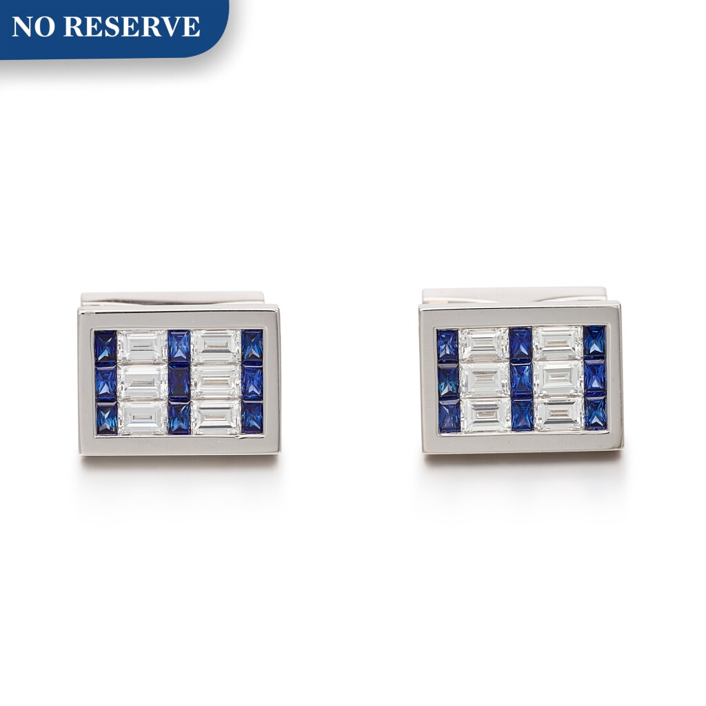 View full screen - View 1 of Lot 1094. Pair of Sapphire and Diamond Cufflinks | 格拉夫| 藍寶石 配 鑽石 袖扣一對 (藍寶石及鑽石共重約1.30及2.00克拉).