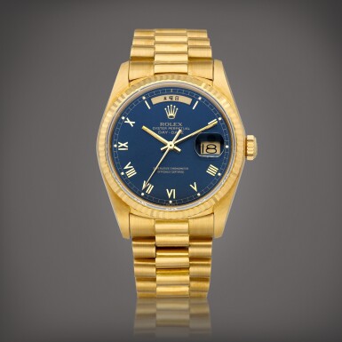 View full screen - View 1 of Lot 2301. Day-Date, Reference 18038 A yellow gold wristwatch with Japanese day, date and bracelet, Circa 1987 | 勞力士 Day-Date | 型號18038 | 黃金鏈帶腕錶,備日期及日文星期顯示,約1987年製.