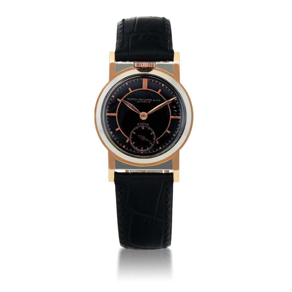 View full screen - View 1 of Lot 911. RETAILED BY CUCCO: REF 136 UNUSUAL PINK AND WHITE GOLD TOP-WOUND WRISTWATCH WITH BLACK SECTOR DIAL MADE IN 1919.