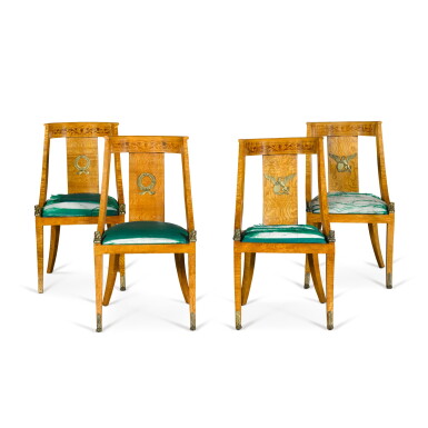View full screen - View 1 of Lot 730. Four Austro-Hungarian gilt-bronze mounted, ash and fruitwood marquetry side chairs, circa 1880.